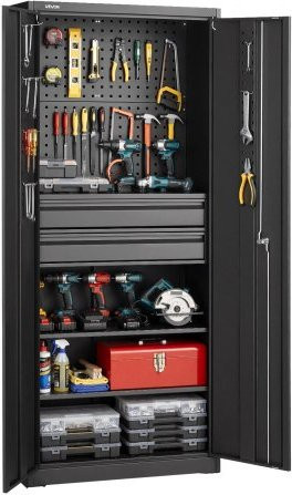VEVOR Metall Aufbewahrungsschrank Schwarz mit 2 Türen, 2 Schubladen und Lochwand für Garage und Werkstatt, Höhe: 180 cm - Bild 1