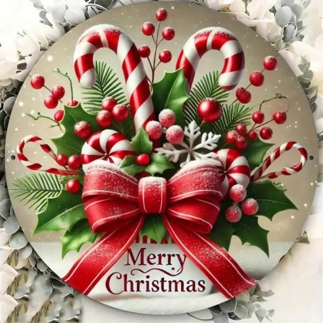 HELLOYOUNG Weihnachts-Blechschild mit Zuckerstangen-Design, runde Metall-Wanddekoration in Rot für dein Zuhause oder Café - Bild 1