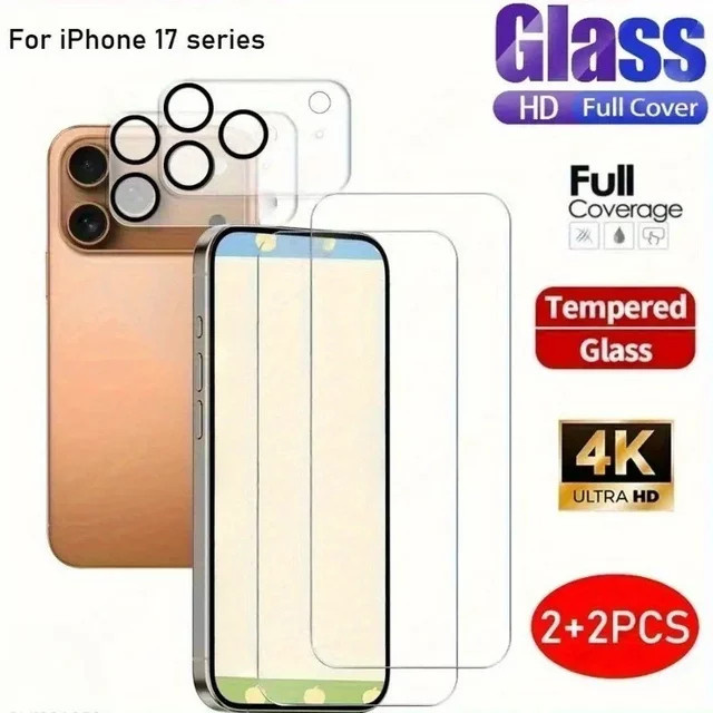 2er-Set HD-Displayschutzfolien aus gehärtetem Glas mit 2 Kameraobjektivfolien für Apple iPhone 17 16 Pro Max 15 14 Plus 13 12 11 Pro und 17 Air, transparent - Bild 1