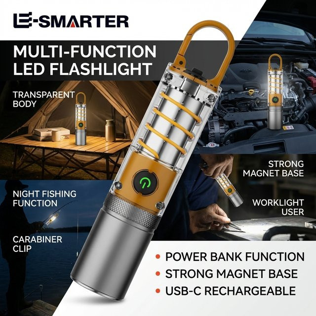 ESMARTER Duale LED-Tungsten-Lampe mit Teleskop-Zoom, wasserdichte Outdoor-Camping-Arbeitsleuchte mit Haken und wiederaufladbarem Akku in Silber - Bild 1