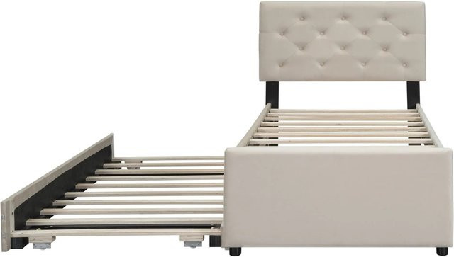 KOMHTOM Polsterbett mit Lattenrost und Rollcontainer in Beige, minimalistisches Design aus Samt und MDF, B/T/H: 90 x 200 cm (ohne Matratze) - Bild 1