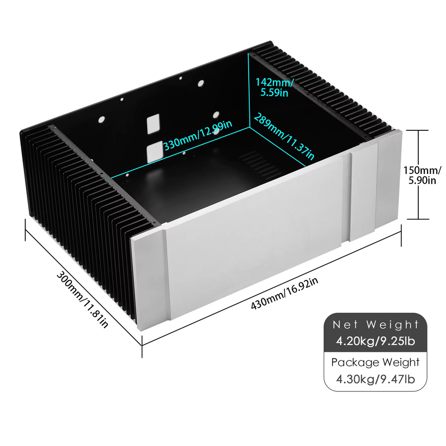 Nob sound DIY Verstärker Gehäuse aus Aluminium, Chassis Box, B/T/H: 430 x 300 x 150 mm - Bild 2