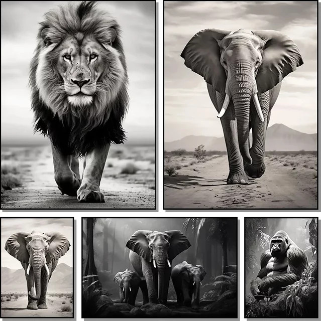 Potdemiel Leinwandgemälde mit Löwe, Elefant und Gorilla in Schwarz-Weiß als Wandbild für dein Wohnzimmer - Bild 1