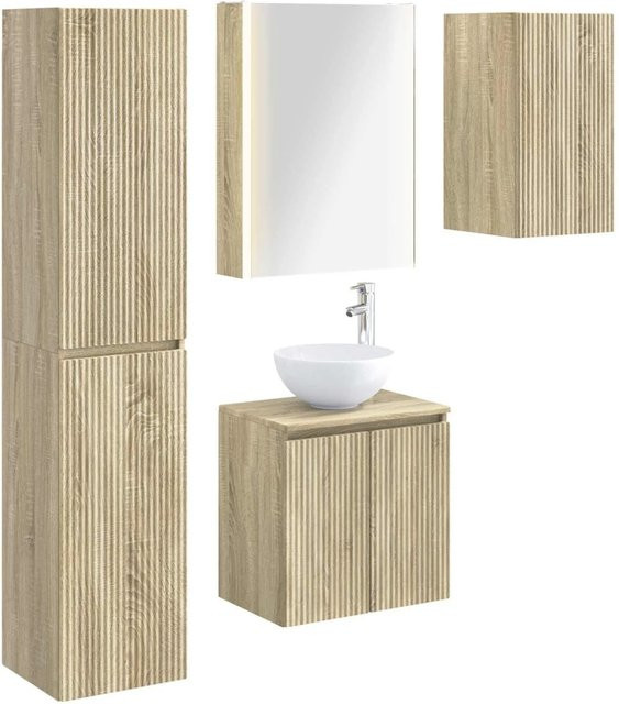 vidaXL Badezimmerschrank-Set 5-teilig in Sonoma-Eiche, modern mit LED-Beleuchtung und Spiegelschrank, B/T/H: 53 x 15,5 x 70 cm - Bild 1