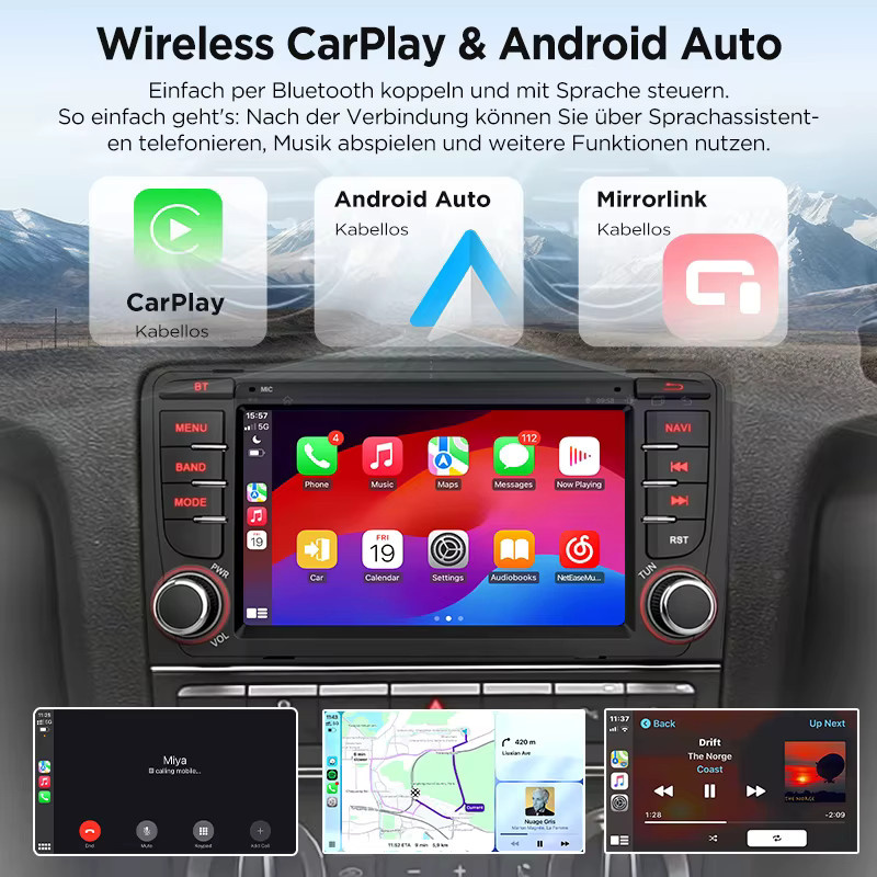 Junsun 7 Zoll Autoradio für Skoda Octavia 2 A5, 2 DIN Multimedia-System mit kabellosem CarPlay, Android Auto und 4G Unterstützung, Schwarz - Bild 3