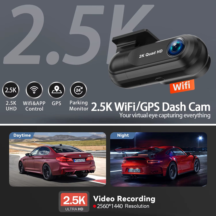 OMGO Dashcam Ultra HD 2,5K QHD 1440P mit GPS und WIFI in Schwarz - Bild 2
