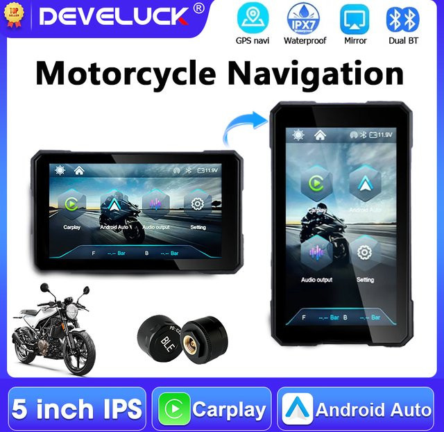 Develuck Tragbares 5 Zoll Motorrad-Carplay GPS-Navigationssystem mit IPX7 wasserdichtem Display und kabellosem Android Auto in Schwarz - Bild 1