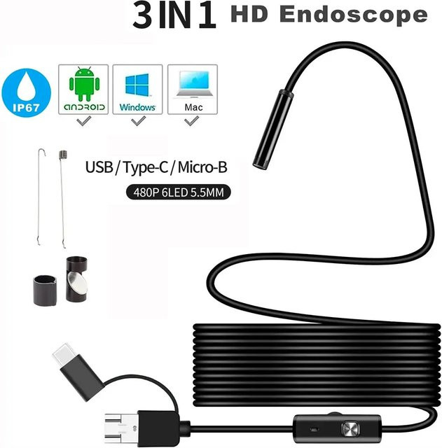 Clodrain 3in1 Android Endoskop Kamera mit Micro USB und Typ C, 5,5mm Mini Kamera wasserdicht mit LED für Auto Inspektion, Schwarz - Bild 1