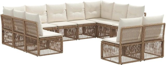 vidaXL Gartensofa-Set 11-teilig in U-Form aus Poly-Rattan und pulverbeschichtetem Stahl in Beige mit Polsterung und Kissen - Bild 1
