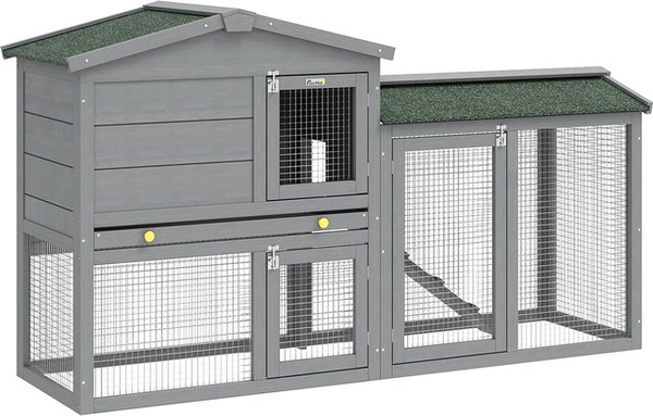 PawHut 2-stufiger Kaninchenstall aus Holz in Grau mit Asphalt-Dach, herausnehmbarer Schublade und Leiter für Meerschweinchen und Hamster, B/T/H: 150 x 45 x 85 cm