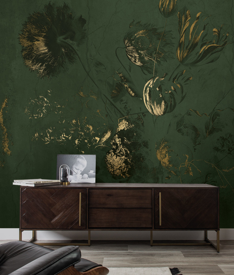 KEK Amsterdam Mural Fresco Flowers Uyterlinde Wandtattoo in Grün und Gold mit floralem Vintage-Design, Breite: 195 cm - Bild 1