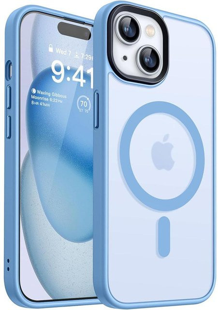 Luxus Hybrid Handyhülle mit MagSafe für iPhone 15, 14 Plus und 13 Pro Max, mattierte Hartschale aus Silikon, transparent blau - Bild 1