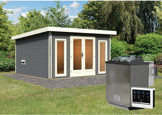 Karibu Saunahaus Magnus 3 Set in Terragrau mit 9 kW Bio-Ofen und externer Steuerung aus nordischer Fichte - Bild 1