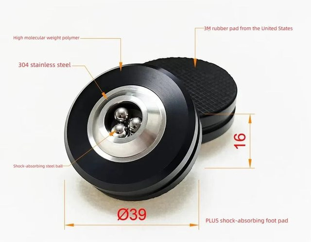 GHXAMP 4 Stück Stoßdämpfende Stahlkugeln mit Polymer Spike Pads Durchmesser 39mm in Schwarz für Verstärker, CD-Player, Lautsprecher und Racks - Bild 1
