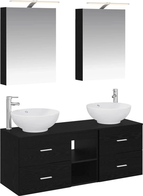 vidaXL Badezimmermöbel-Set 5-teilig in Schwarz Eiche Matt mit LED-Beleuchtung und Glas, bestehend aus Waschtischunterschrank, Spiegelschrank und Wandschrank - Bild 1