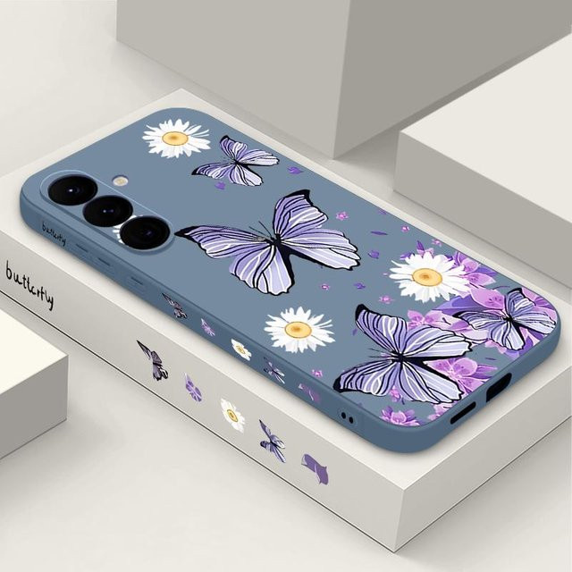 Lila Handyhülle mit Schmetterlingsmuster für Samsung Galaxy A56 A55 A54 A36 A35 A25 A17 A16 A15 A14 5G aus weichem Silikon inklusive Lanyard - Bild 1