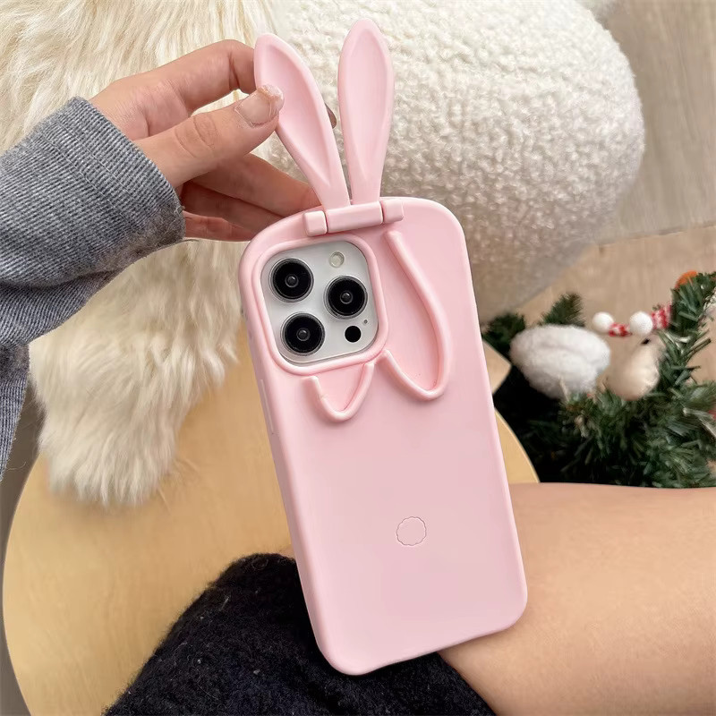 MUQGEW Silikon Handyhülle mit 3D-Cartoon-Hasenohren und faltbarem Ständer für iPhone 17, 16, 15, 14, 13 Pro Max in Pink - Bild 3