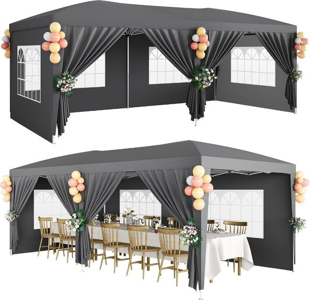 Garvee Falt-Pavillon mit 6 Seitenwänden und PE-Fenstern, Grau, B/T/H: 600 x 300 x 255 cm - Bild 1