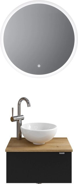 Pelipal Badmöbel-Set Serie 6915 Halifax Eiche und Schwarz Matt mit Keramik Aufsatzbecken, Waschtischunterschrank und Funktionsspiegel mit LED-Beleuchtung und Sensor-Schalter, Breite: 70 cm - Bild 1