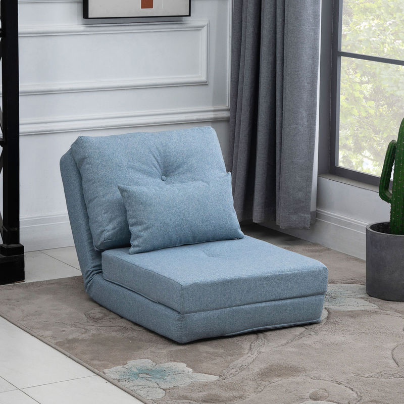 HOMCOM 2-in-1 Bodensessel und Klappbett mit verstellbarer Rückenlehne und Zierkissen, Bodensofa aus Leinen in Himmelblau - Bild 2
