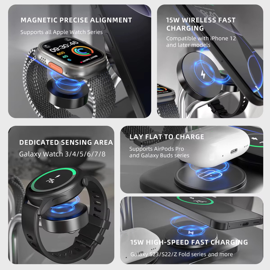 VIKEFON 5 in 1 Magnetisches kabelloses Ladegerät für iPhone 12 bis 17, Samsung Galaxy und Apple Watch sowie AirPods/Buds in Schwarz oder Weiß - Bild 4