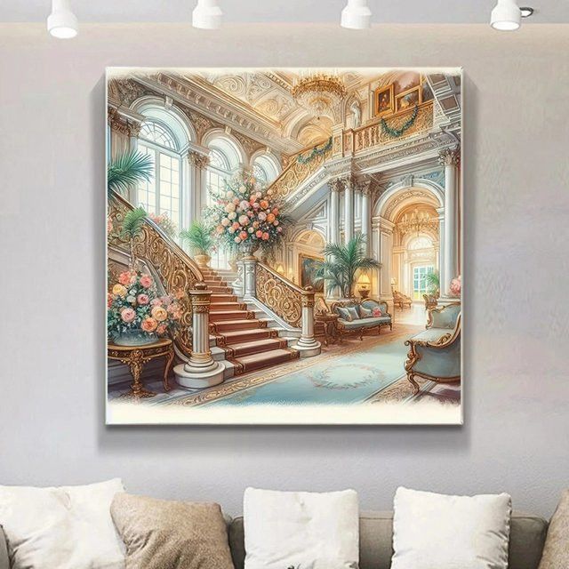 Potdemiel 5D DIY Diamant Mosaik Set Haus Treppen Landschaft Bild mit runden Strass Steinen für Erwachsene - Bild 1