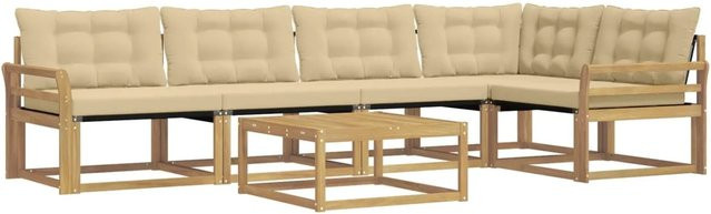 vidaXL Outdoor-Sofagarnitur aus Akazienholz mit Textilene-Bezug und Polstern, 6-teiliges L-Shape Set in Weiß und Beige, B/T/H: 79 x 79 x 37 cm - Bild 1