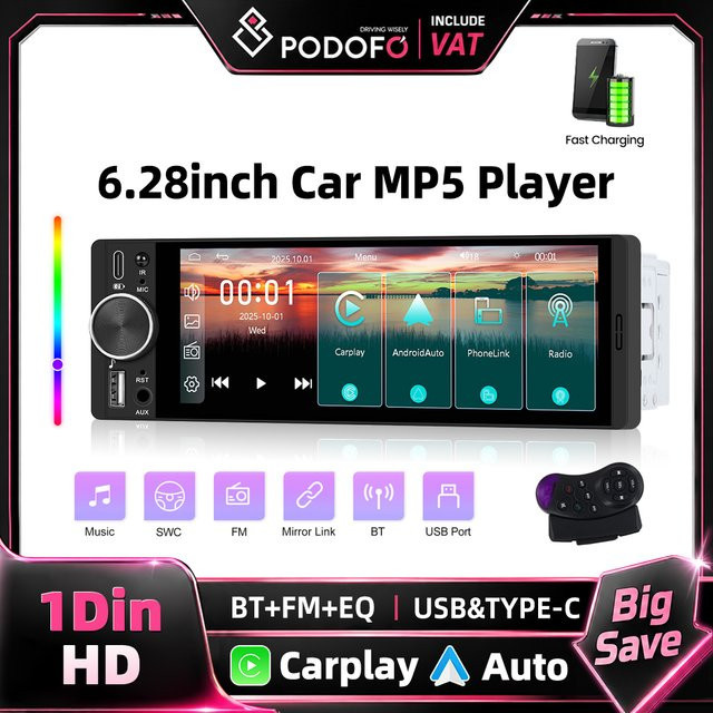 Podofo 1 Din Universal MP5 Autoradio mit 6,28 Zoll HD Touchscreen, kabelloses CarPlay, Android Auto, Mirror Link, Bluetooth und USB in Schwarz - Bild 1