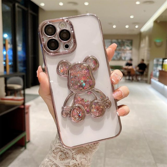 Transparente iPhone Hülle mit Cartoon Bär und Glitzer Treibsand in Rosa inklusive Kamerafolie - Bild 1