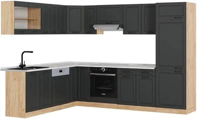 Vicco R-Line Eckküche Landhausstil in Anthrazit und Eiche mit Marmor-Optik, B/T/H: 227 x 287 x 207 cm - Bild 1