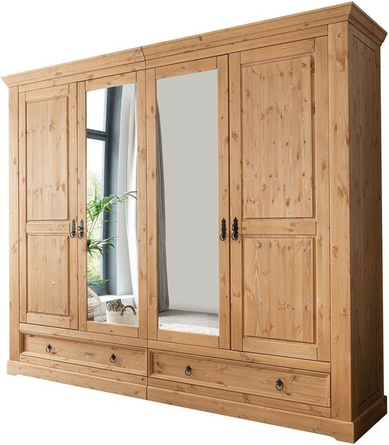 Baltic Kleiderschrank aus massiver Kiefer in Eichefarben mit 4 Türen, integrierten Schubladen und Spiegeltür - Bild 1