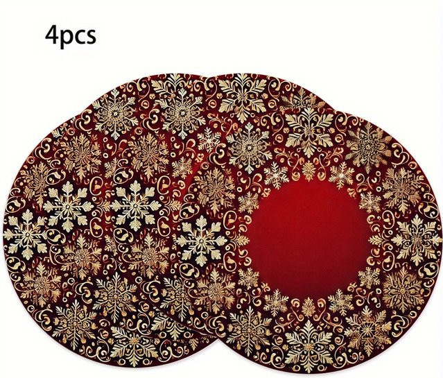 VIKAMA 4er-Set Platzsets mit Schneeflocken-Design in Rot und Gold für Weihnachten und Partys, rund, Durchmesser: 38 cm - Bild 1
