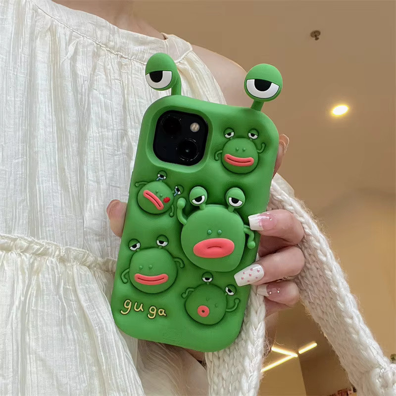 MUQGEW Silikon Handyhülle mit 3D Cartoon Frosch Design und Teleskop-Ständer für iPhone 12 bis iPhone 16 Pro Max, Farbe: Grün - Bild 2