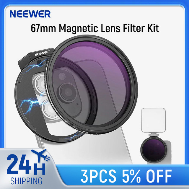 NEEWER Clip On 67 mm ND2-32 Magnetisches Telefonobjektiv-Filter-Set mit Magnetischem Adapterring in Schwarz für iPhone 15 Pro Max und Galaxy S22 - Bild 1