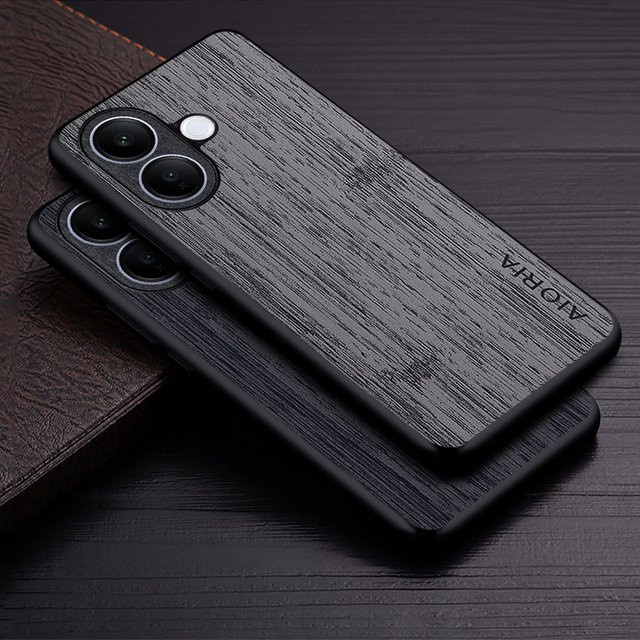 Luxus Handyhülle im Bambus-Holzmuster aus Leder für Vivo V60 Lite 5G in Braun und Grau - Bild 1