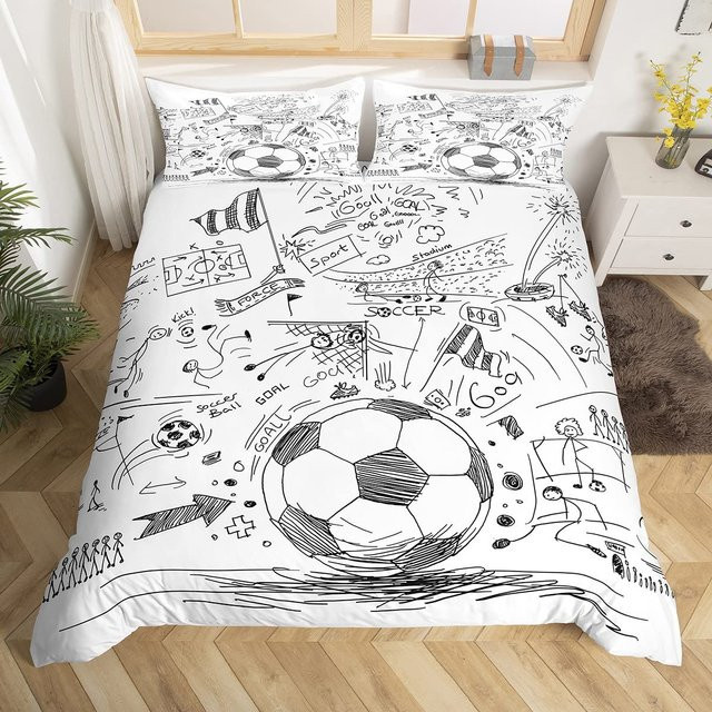 Fußball Bettwäsche Set mit handgezeichneter Skizze und Flaggen-Design von Binchi Outdoor Product, Farbe Weiß, B/H: 180 x 210 cm - Bild 1