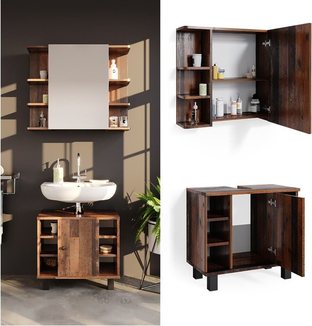 Vicco Badmöbelset Fynn Old Style in Eiche Rustikal, 2-teilig mit Waschtischunterschrank und Spiegelschrank, Farbe: Braun, B/T/H: 60,0 x 32,0 x 54,0 cm und 31,8 x 32,0 x 76,7 cm - Bild 1
