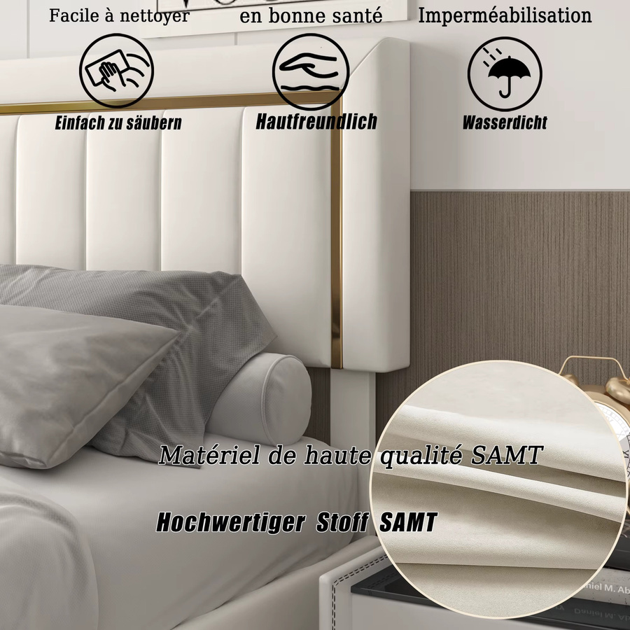 Anajqaqia Doppelbett mit Stauraum und hydraulischem Lift, Samt, gebrochenes Weiß, B/T: 160 x 200 cm - Bild 3