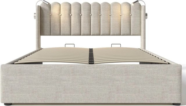 okwish Polsterbett Beige mit Leselicht, USB-Ladeanschluss und Stauraum, B/T/H: 160 x 200 x 103 cm - Bild 1