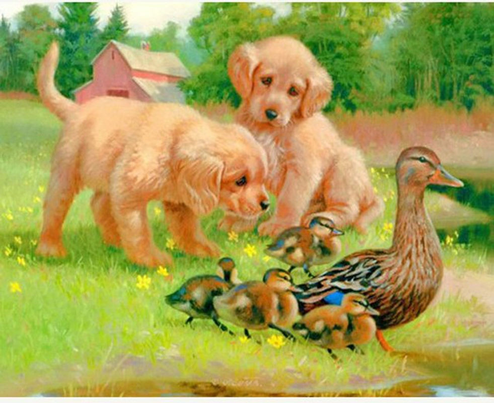 FIYO Diamond Painting Set mit Hund und Ente als DIY Kreuzstichset und Mosaik Dekoration, mehrfarbig, B/H: 30 x 20 cm - Bild 1