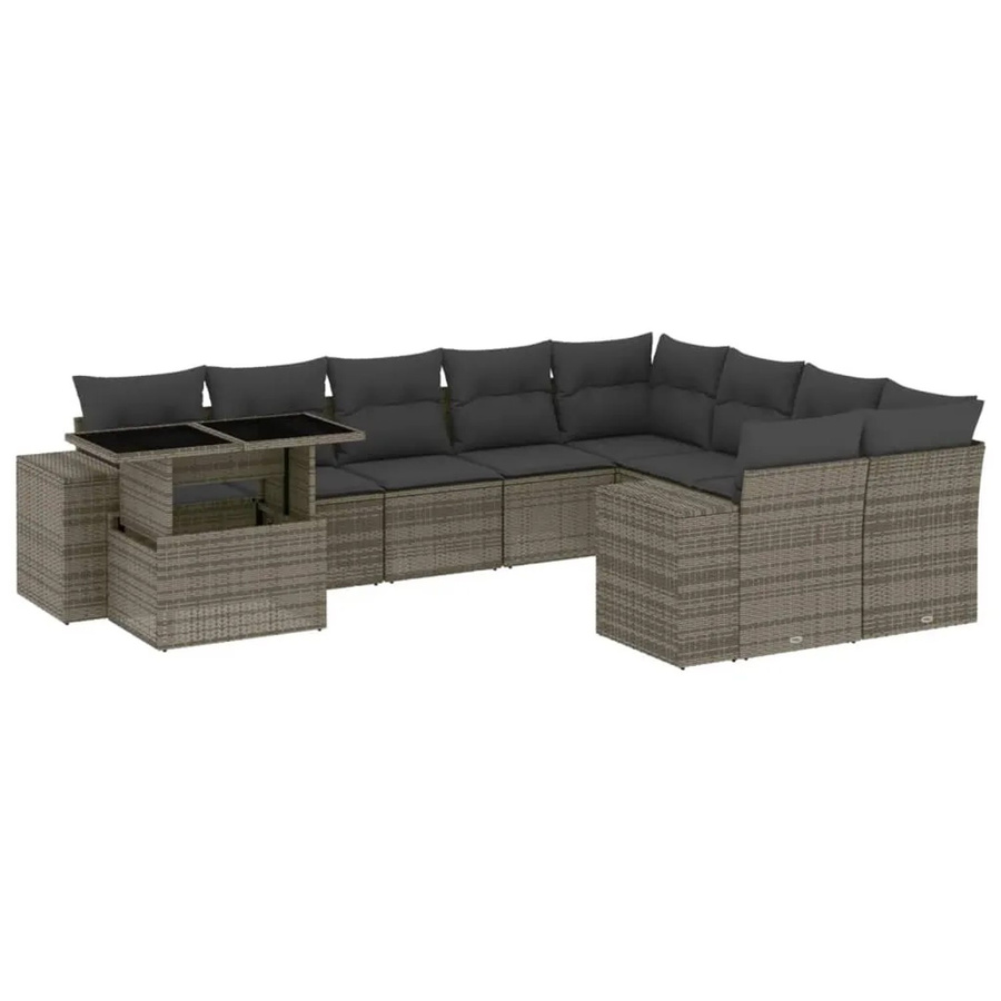 vidaXL 10-tlg. Garten-Sofagarnitur in L-Form aus grauem Poly-Rattan mit Kissen und pulverbeschichtetem Stahlgestell - Bild 2