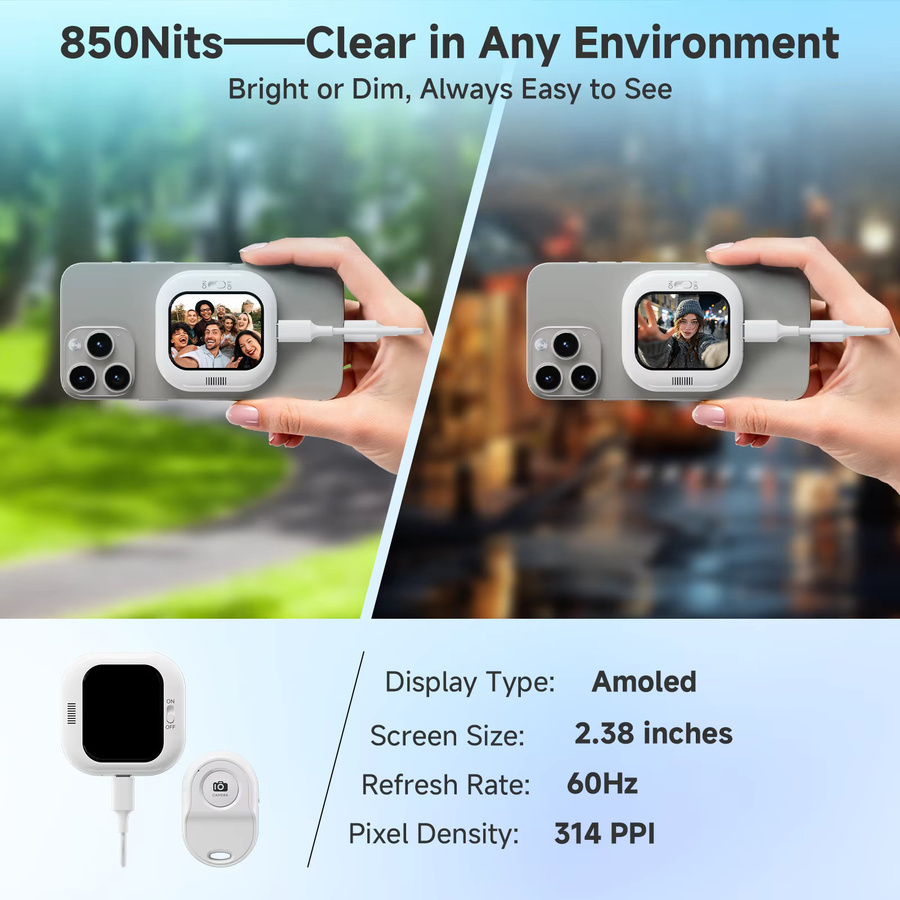 HONGTOP H1 Magnetischer Selfie Monitor für Handy und Vlog in Weiß - Bild 3