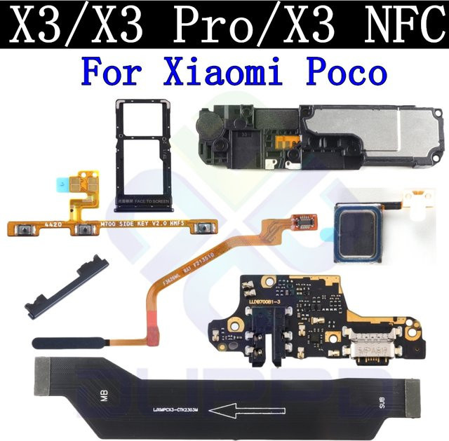 Xiaomi Ersatzteil-Set für Poco X3 Pro und X3 NFC: Flexkabel für SIM-Karten-Ladeanschluss, Fingerabdrucksensor, Motherboard und Lautsprecher in Schwarz - Bild 1