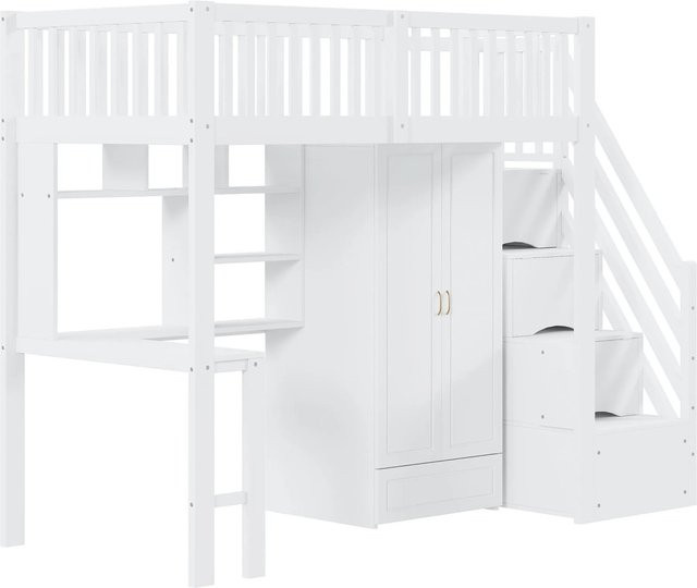 Merax Hochbett für Erwachsene in Weiß mit Schrank, Tisch und Treppe mit Schubladen, B/T/H: 200 x 90 x 240 cm - Bild 1