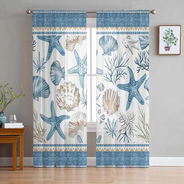 Yiran Furniture Transparentes Organza-Voile-Vorhang mit Ozean-Motiv in Blau, Breite: 135 cm, Höhe: 215 cm - Bild 1