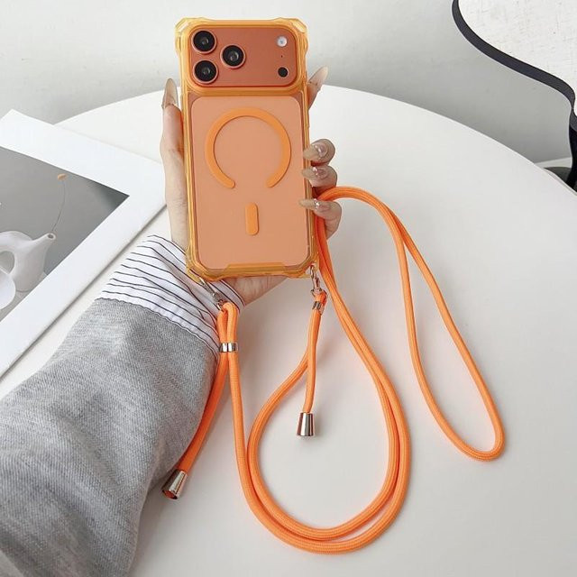 Stoßfeste magnetische Crossbody-Tragebandhülle für iPhone mit Lanyard und Strap von Rui Di in Transparent und Orange - Bild 1
