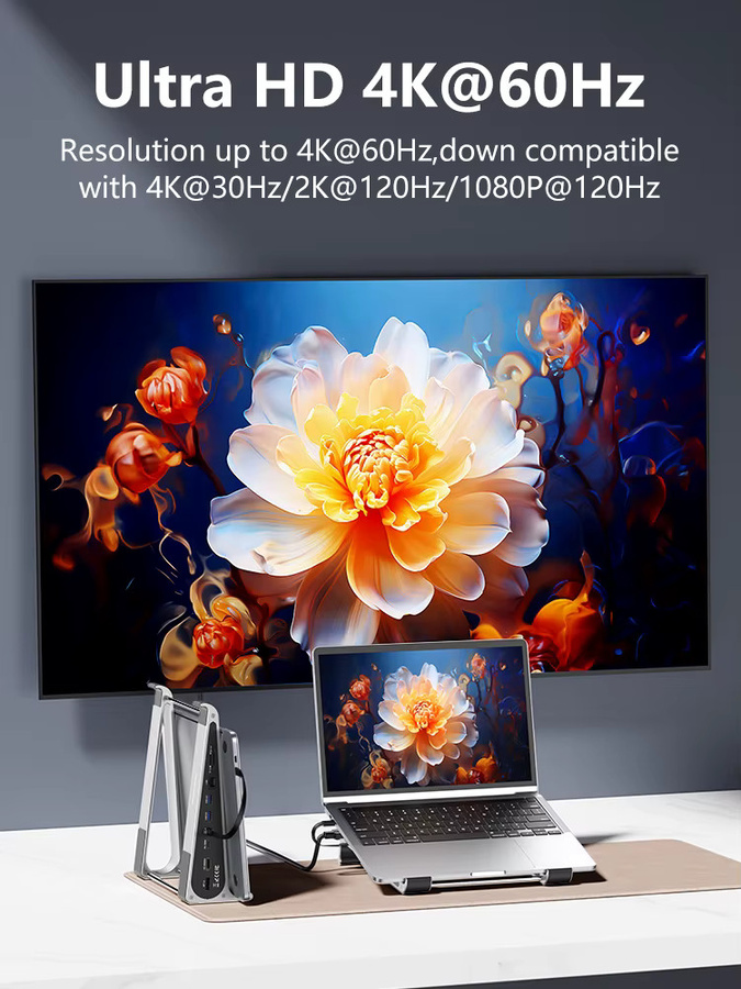 Blueendless USB-C Dockingstation Laptop-Halterung mit 4K 60Hz HD, SD/TF-Kartenleser, USB 3.0 5Gbps und PD100W Ladestation in Silber - Bild 6