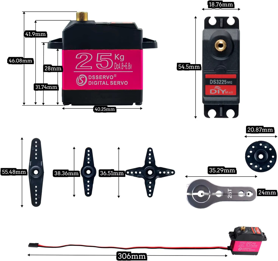 Stemedu DS3225 25kg High Torque RC Servo, Voll Metall Getriebe, 4-teiliges Set - Bild 6
