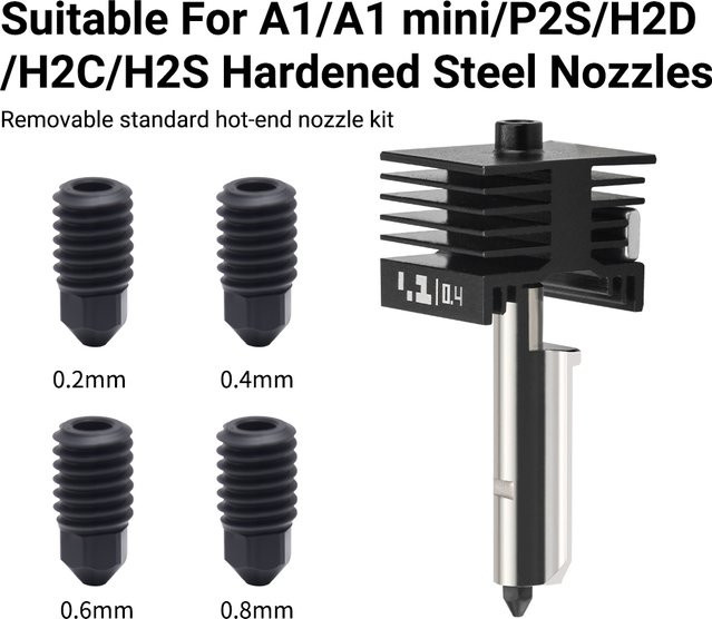 5 Stück Austauschbare Hartstahl Düsen für Bambu Lab A1, A1 Mini, H2D und P2S im Set mit 0,2 mm, 0,4 mm, 0,6 mm und 0,8 mm für dein Hotend Upgrade - Bild 1