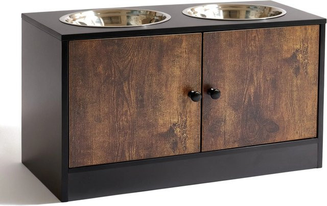Relaxdays Hundefutterstation aus MDF und Edelstahl im Industrial-Design, Schwarz/Silber, B: 60 cm, T: 35,5 cm, H: 30 cm - Bild 1